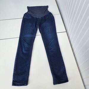 Indigo Blue Maternity Jeans Stretch Full Panel Dark Wash Pullover Petite PS